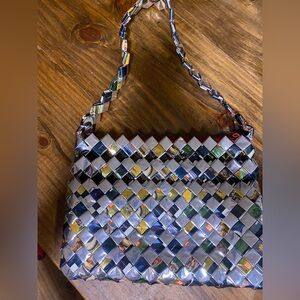 Handmade Woven Recycled Candy Wrapper Silver Purse Handbag Eco